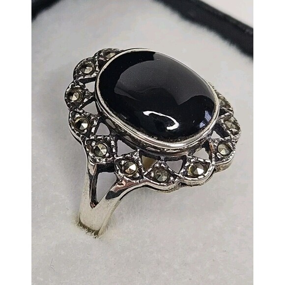 Vintage Art Deco Style Sterling Silver Black Oval Onyx Ring Size 7, Ornate - Picture 4 of 10